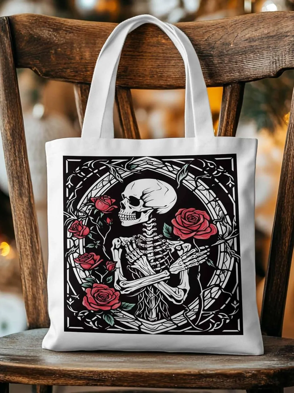 Skull Roses Red Canvas Tote Bag, Aesthetic Canvas Tote Handbags for Women Shoulder Bag