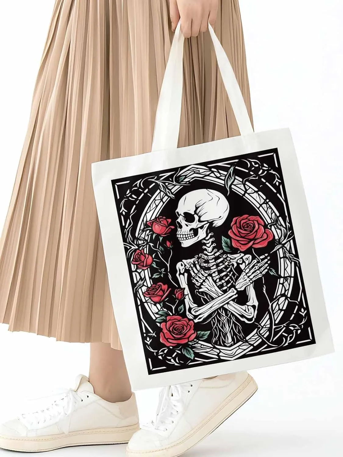 Skull Roses Red Canvas Tote Bag, Aesthetic Canvas Tote Handbags for Women Shoulder Bag