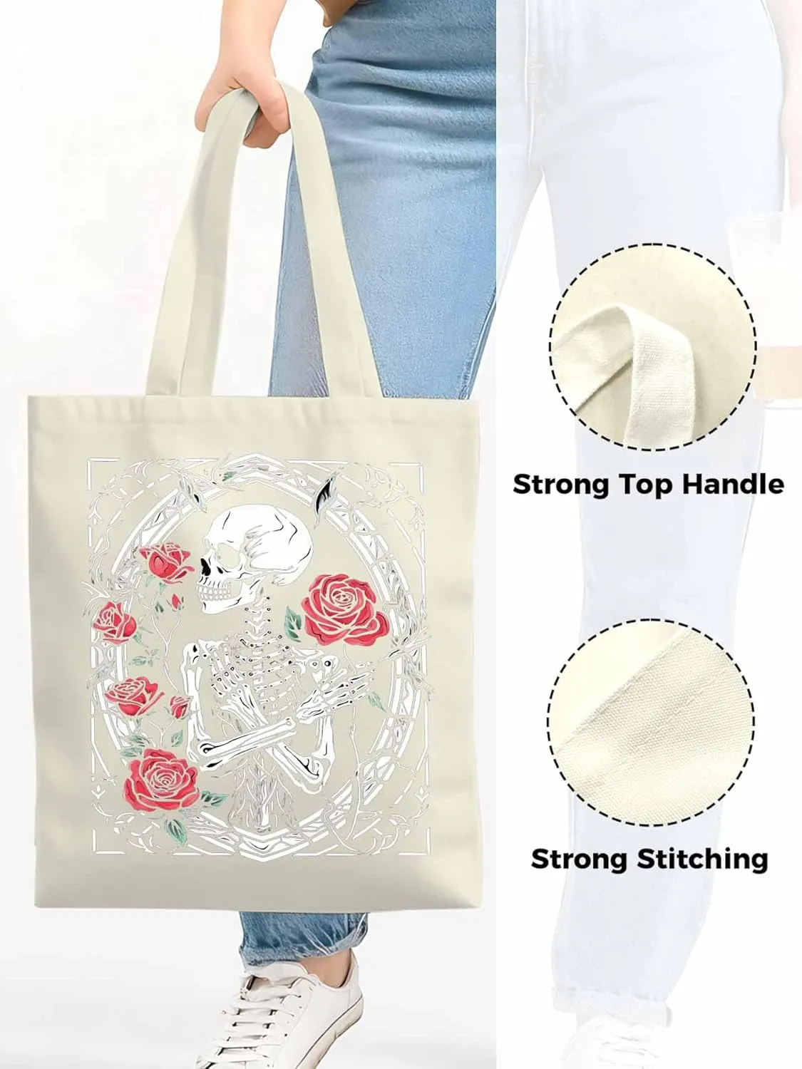 Skull Roses Red Canvas Tote Bag, Aesthetic Canvas Tote Handbags for Women Shoulder Bag