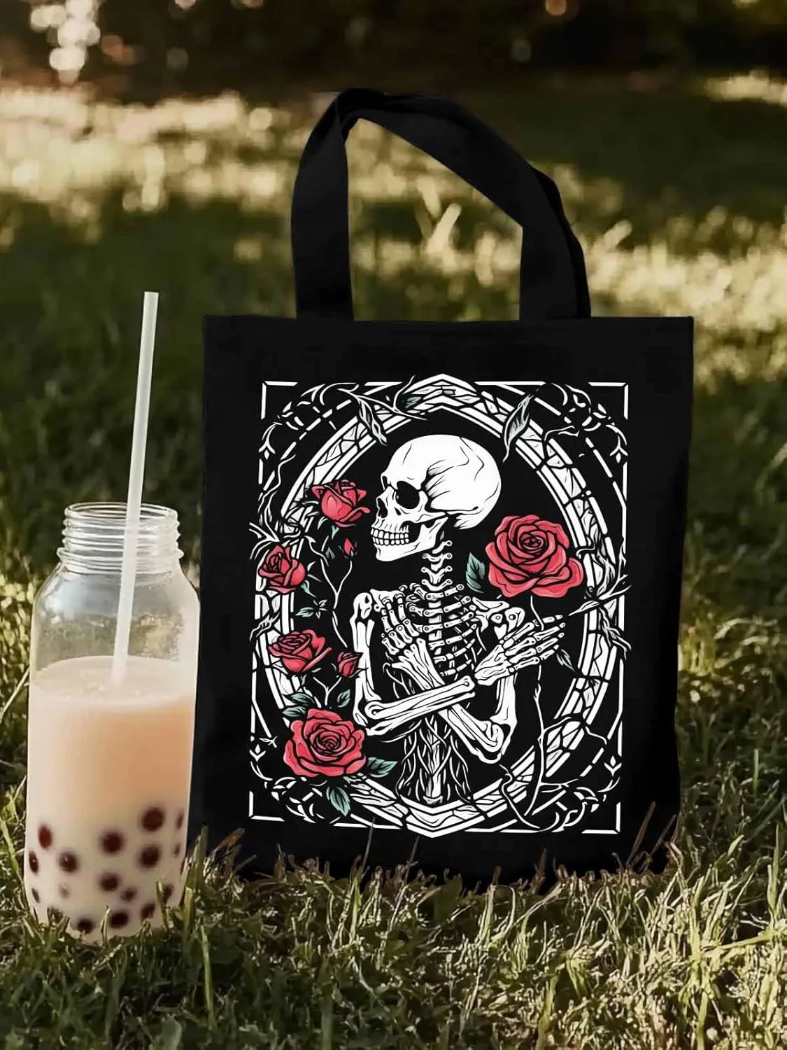 Skull Roses Red Canvas Tote Bag, Aesthetic Canvas Tote Handbags for Women Shoulder Bag