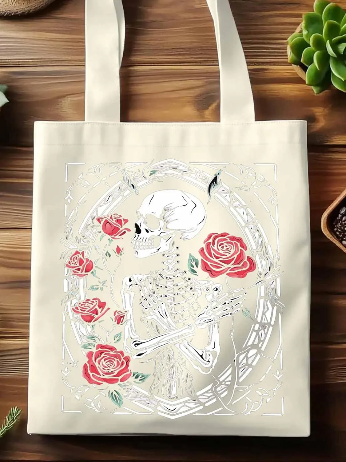 Skull Roses Red Canvas Tote Bag, Aesthetic Canvas Tote Handbags for Women Shoulder Bag