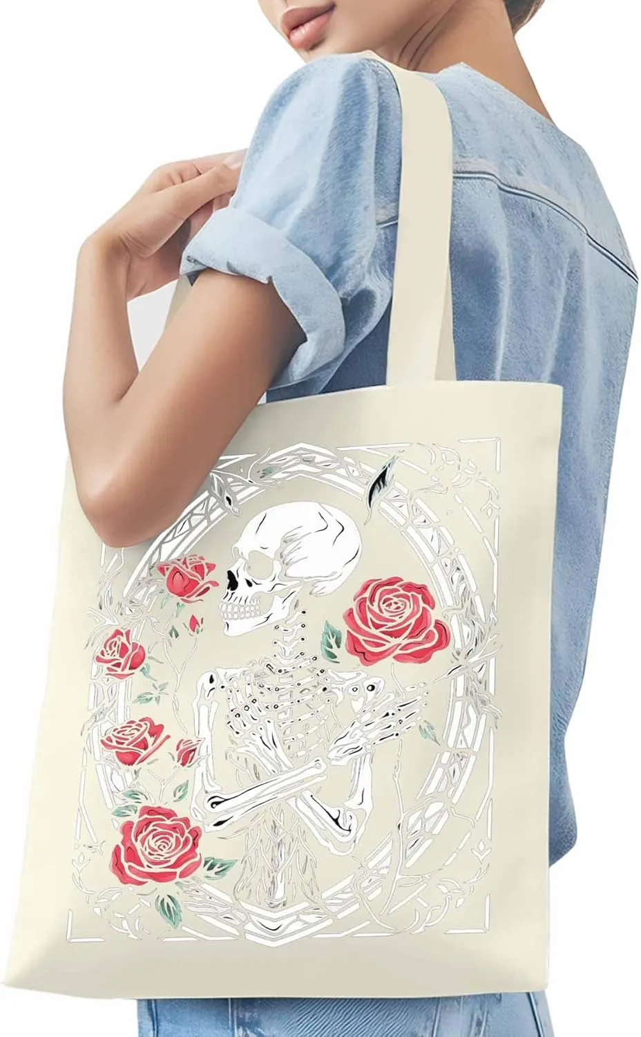 Skull Roses Red Canvas Tote Bag, Aesthetic Canvas Tote Handbags for Women Shoulder Bag