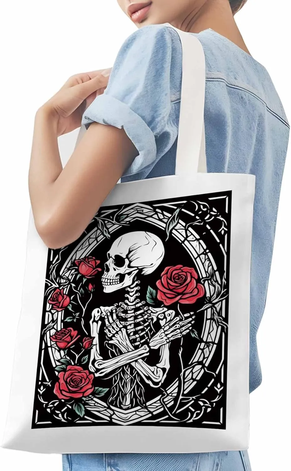 Skull Roses Red Canvas Tote Bag, Aesthetic Canvas Tote Handbags for Women Shoulder Bag