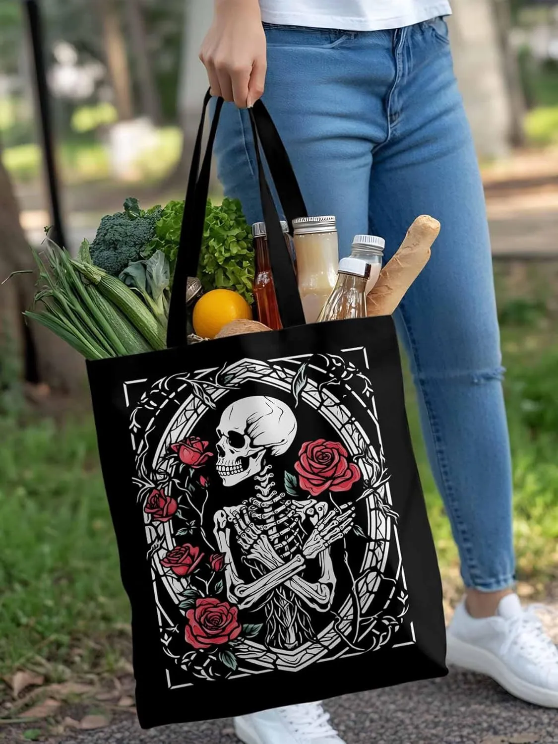 Skull Roses Red Canvas Tote Bag, Aesthetic Canvas Tote Handbags for Women Shoulder Bag