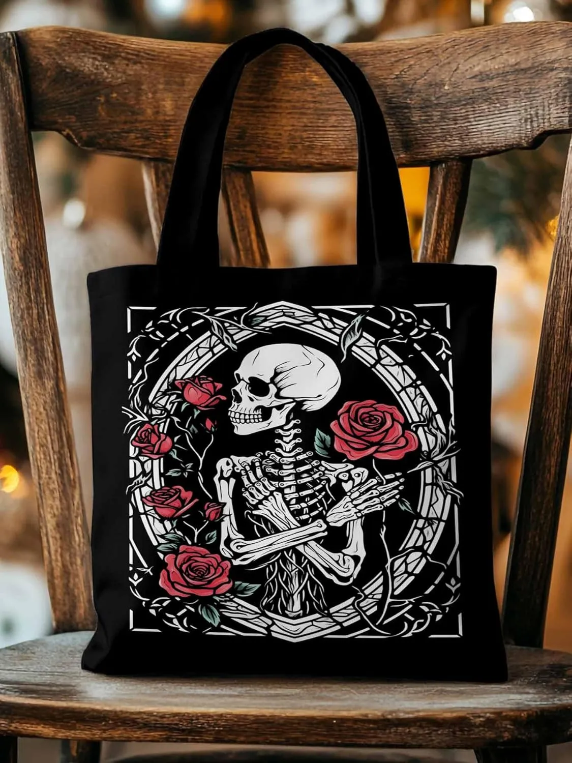 Skull Roses Red Canvas Tote Bag, Aesthetic Canvas Tote Handbags for Women Shoulder Bag