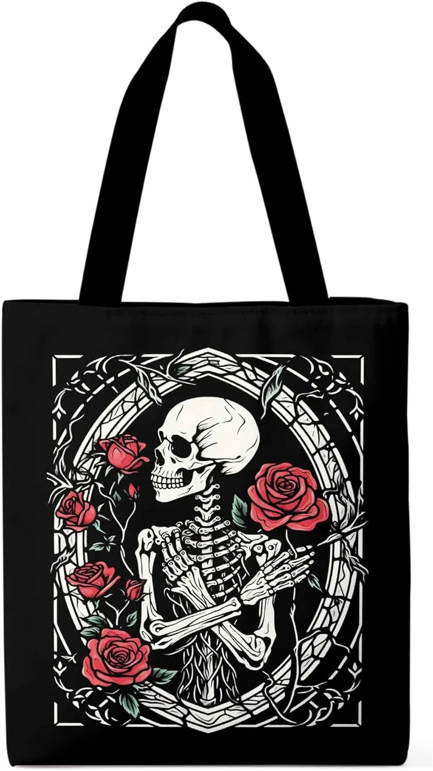 Skull Roses Red Canvas Tote Bag, Aesthetic Canvas Tote Handbags for Women Shoulder Bag