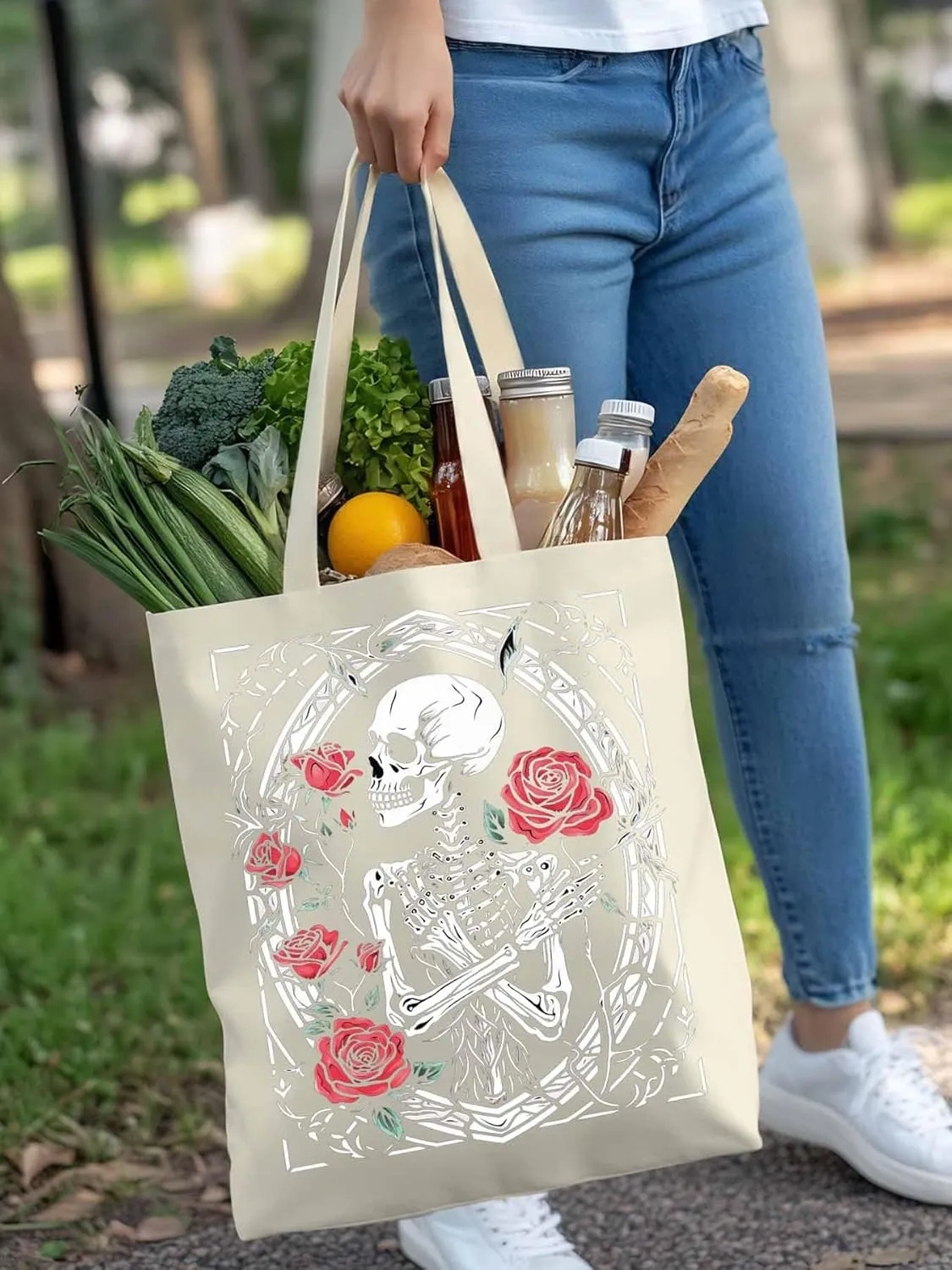 Skull Roses Red Canvas Tote Bag, Aesthetic Canvas Tote Handbags for Women Shoulder Bag