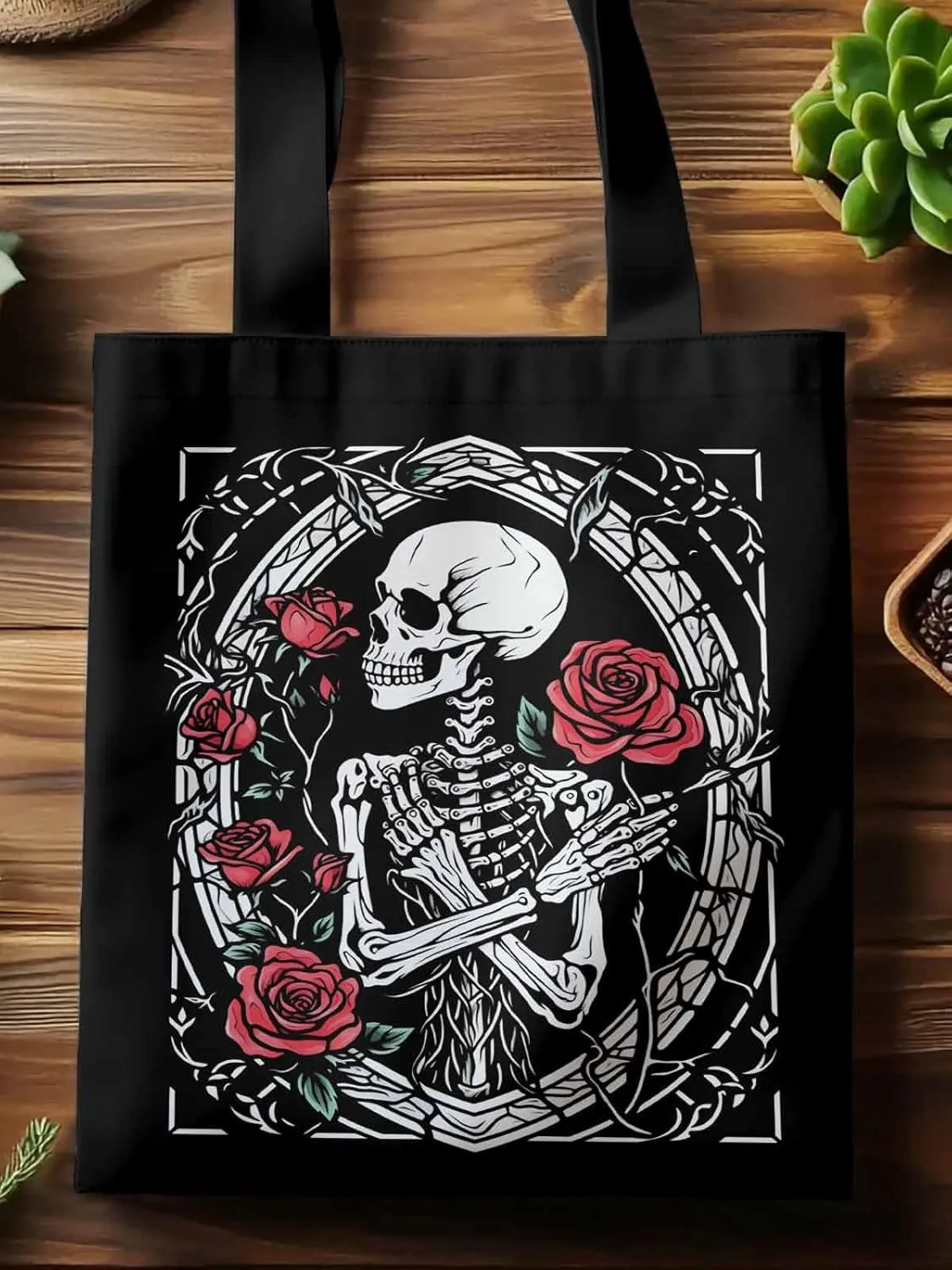 Skull Roses Red Canvas Tote Bag, Aesthetic Canvas Tote Handbags for Women Shoulder Bag