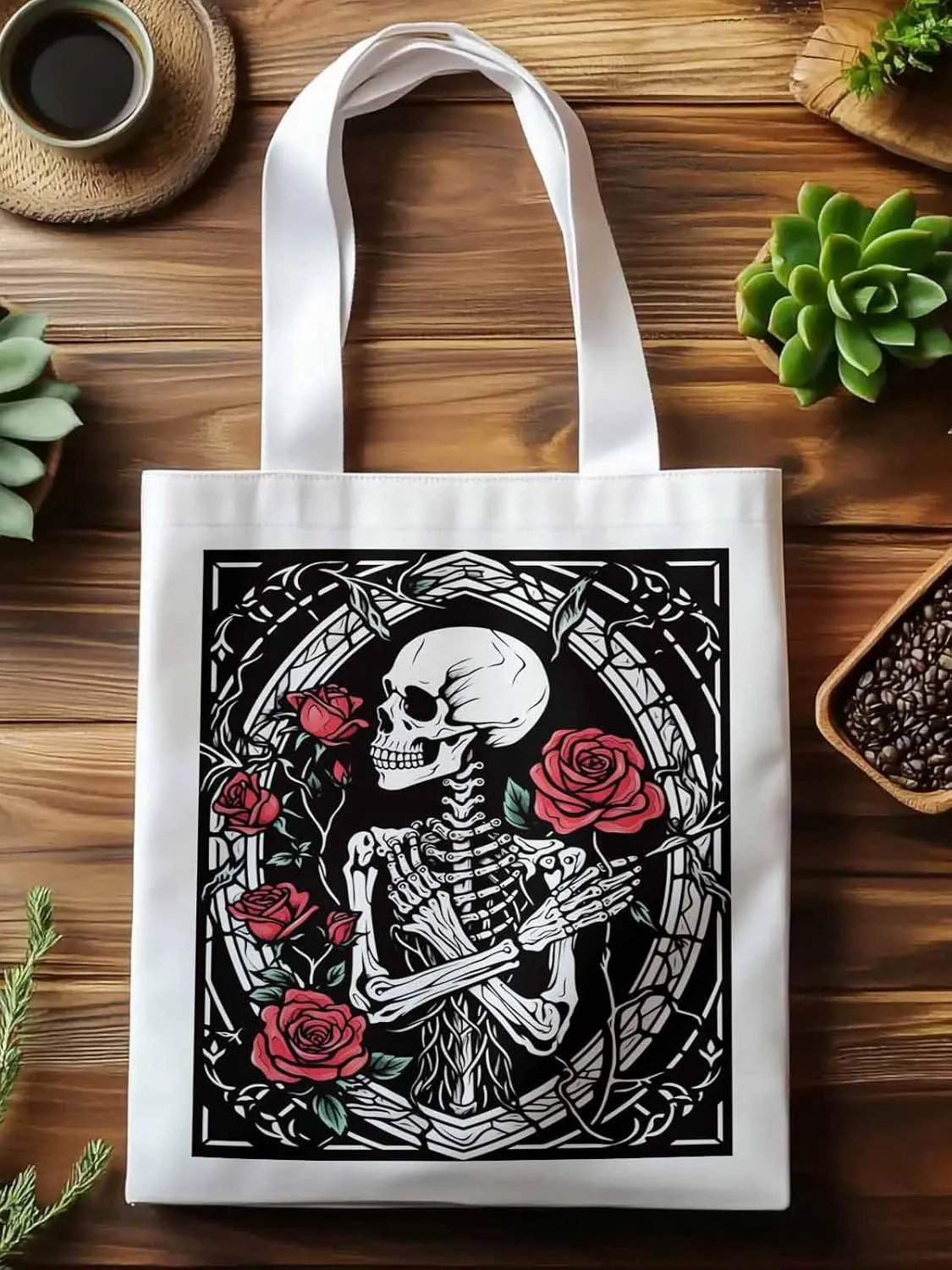 Skull Roses Red Canvas Tote Bag, Aesthetic Canvas Tote Handbags for Women Shoulder Bag