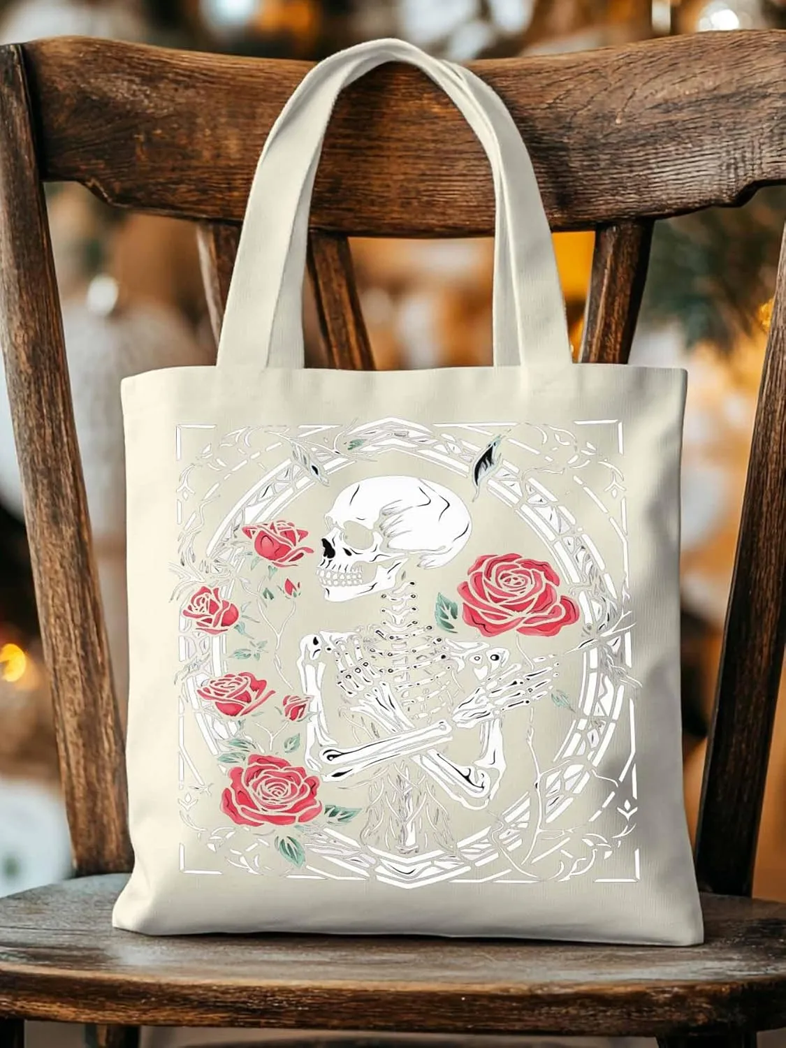 Skull Roses Red Canvas Tote Bag, Aesthetic Canvas Tote Handbags for Women Shoulder Bag