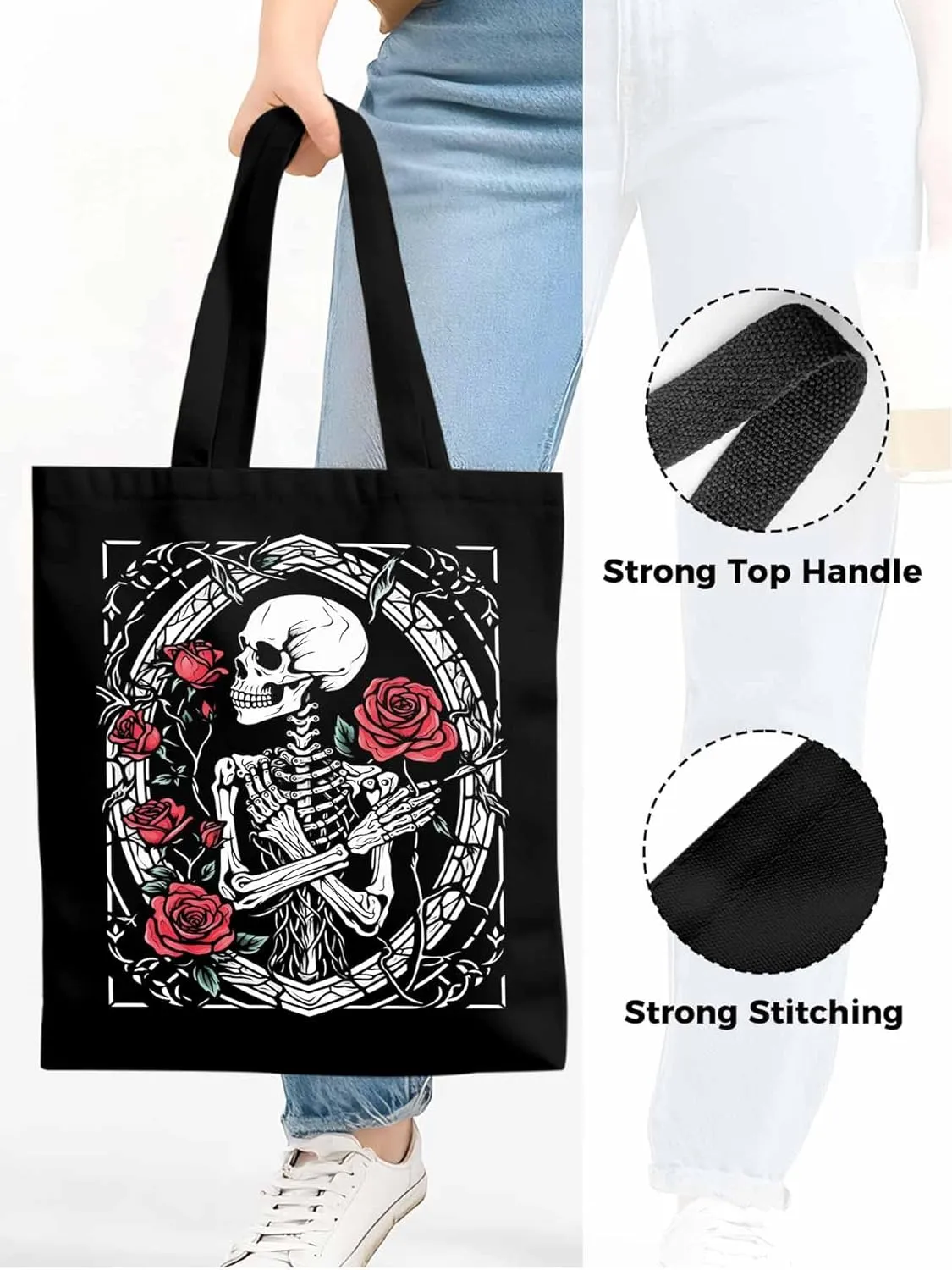Skull Roses Red Canvas Tote Bag, Aesthetic Canvas Tote Handbags for Women Shoulder Bag