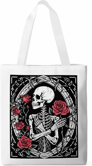Skull Roses Red Canvas Tote Bag, Aesthetic Canvas Tote Handbags for Women Shoulder Bag