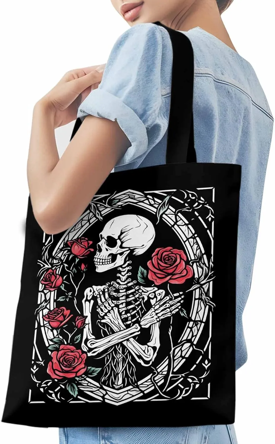 Skull Roses Red Canvas Tote Bag, Aesthetic Canvas Tote Handbags for Women Shoulder Bag