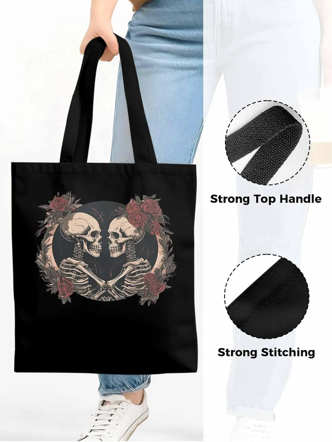 Skull Vintage Roses Canvas Tote Bag, Aesthetic Canvas Tote Handbags for Women Shoulder Bag