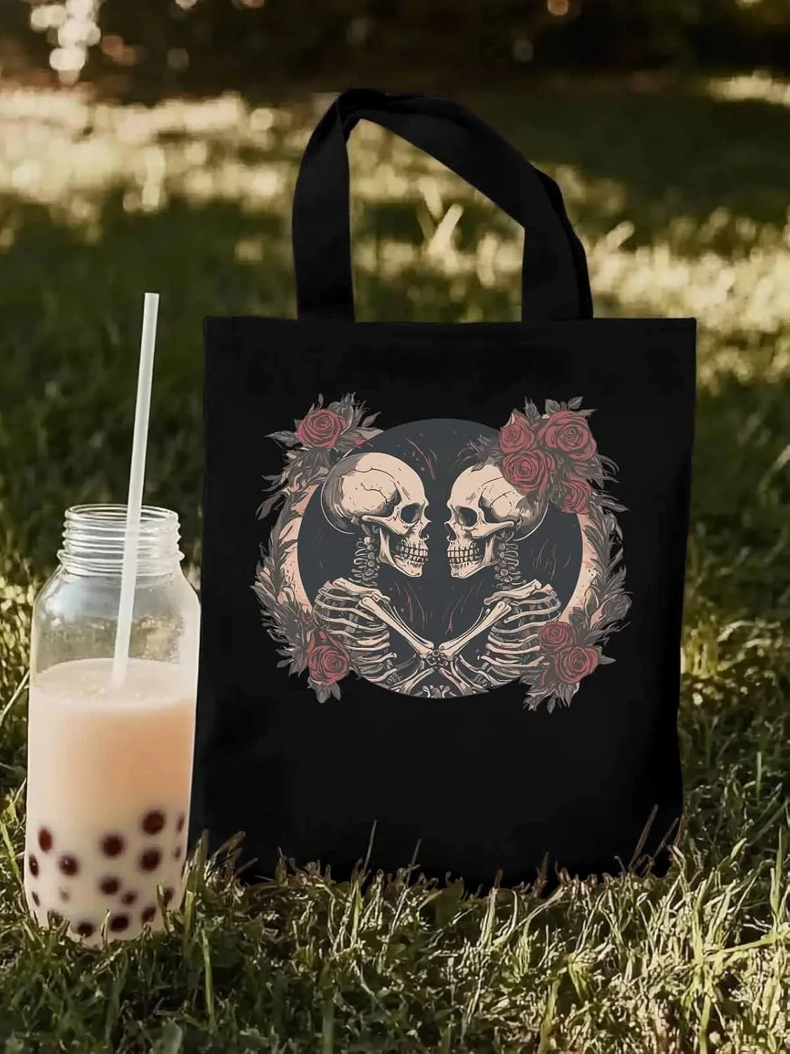 Skull Vintage Roses Canvas Tote Bag, Aesthetic Canvas Tote Handbags for Women Shoulder Bag