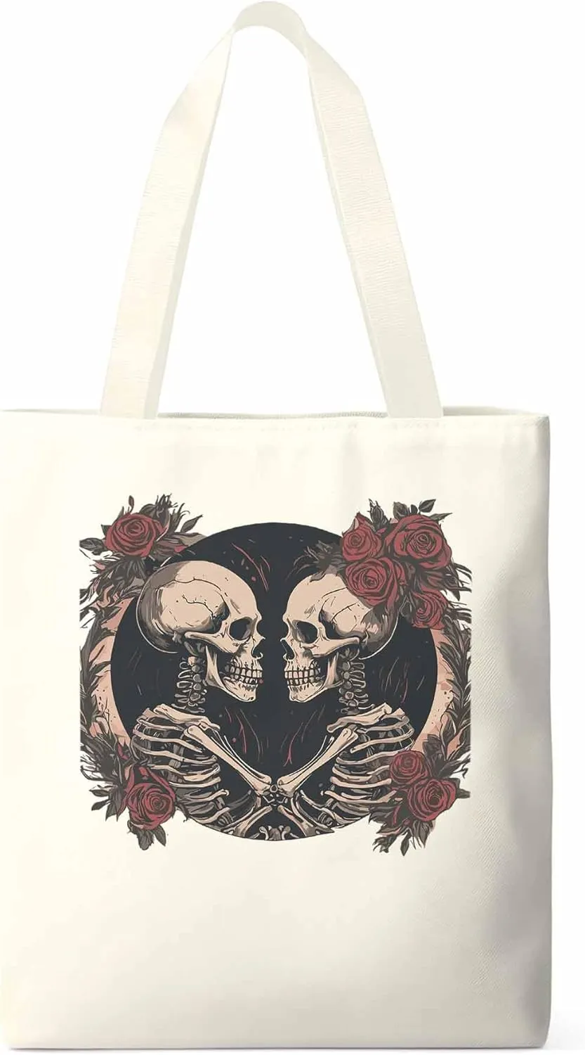 Skull Vintage Roses Canvas Tote Bag, Aesthetic Canvas Tote Handbags for Women Shoulder Bag