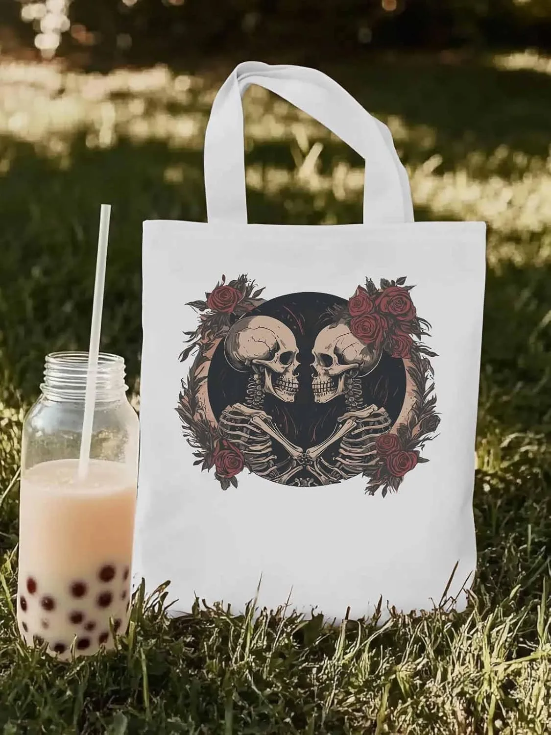 Skull Vintage Roses Canvas Tote Bag, Aesthetic Canvas Tote Handbags for Women Shoulder Bag