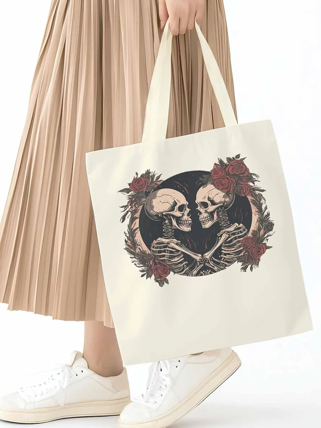 Skull Vintage Roses Canvas Tote Bag, Aesthetic Canvas Tote Handbags for Women Shoulder Bag