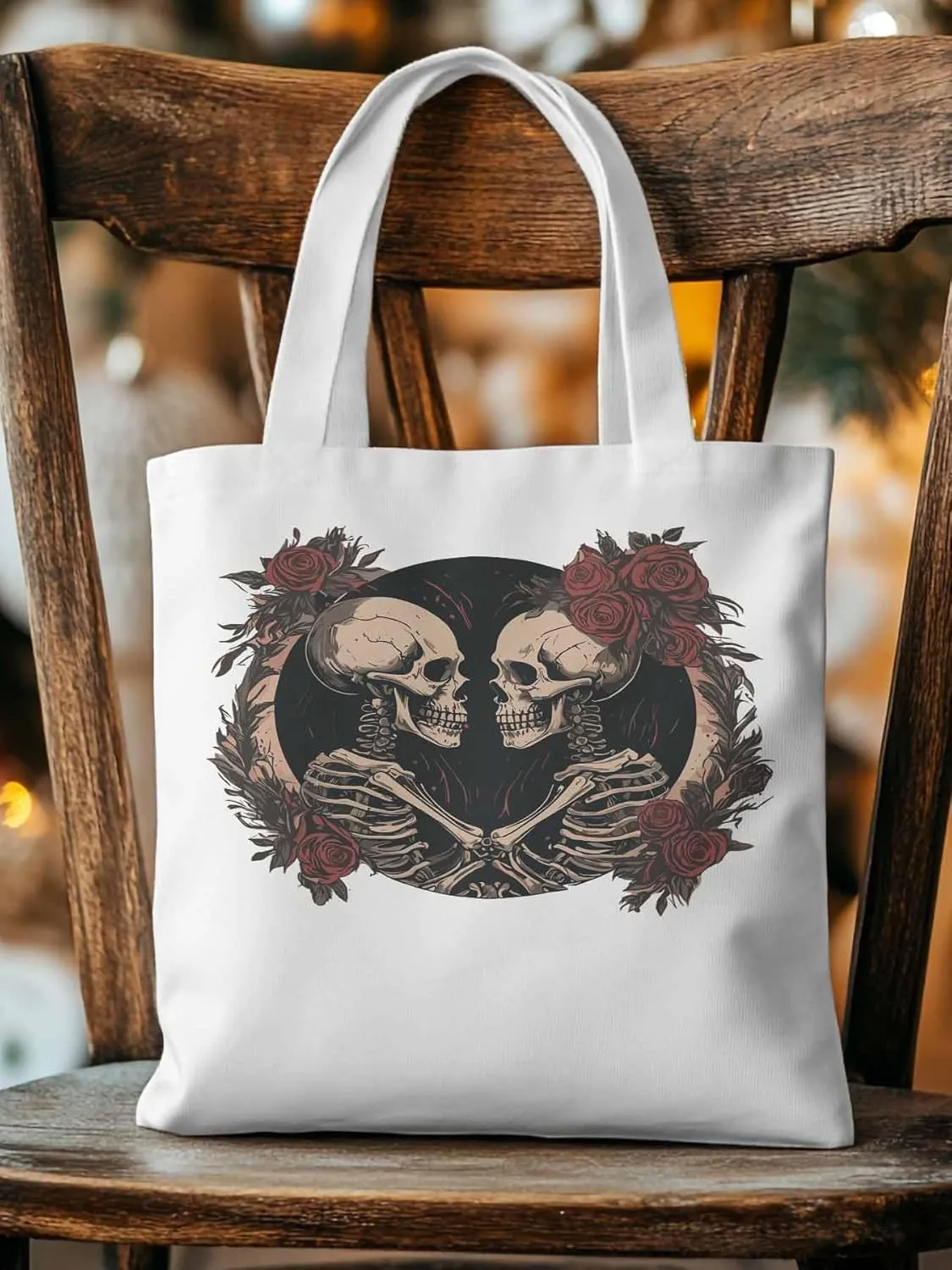 Skull Vintage Roses Canvas Tote Bag, Aesthetic Canvas Tote Handbags for Women Shoulder Bag