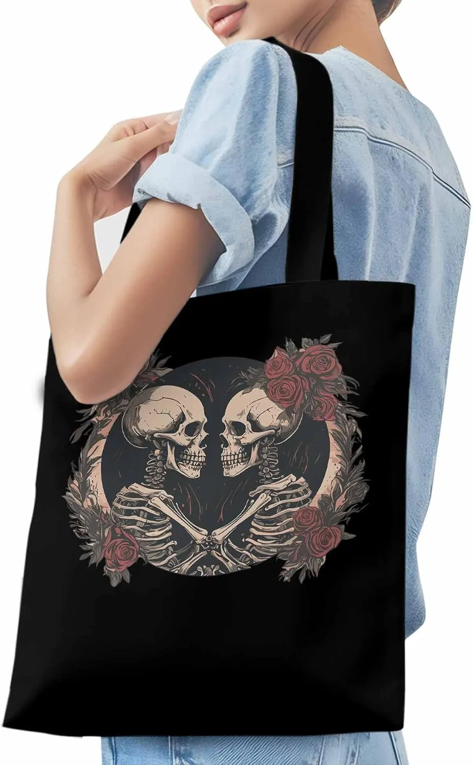 Skull Vintage Roses Canvas Tote Bag, Aesthetic Canvas Tote Handbags for Women Shoulder Bag
