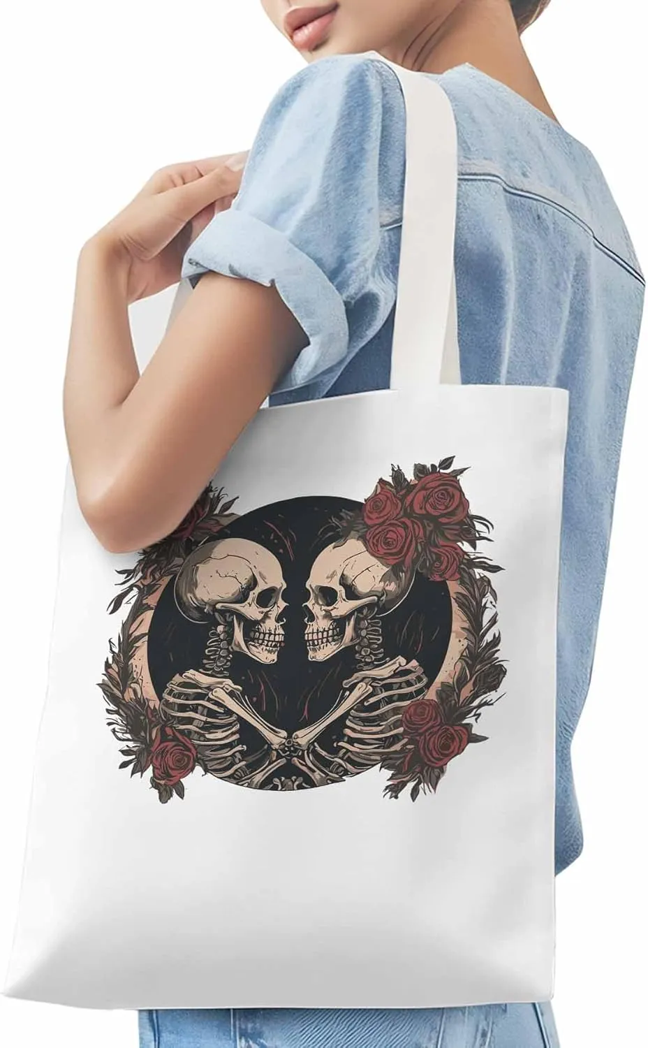 Skull Vintage Roses Canvas Tote Bag, Aesthetic Canvas Tote Handbags for Women Shoulder Bag