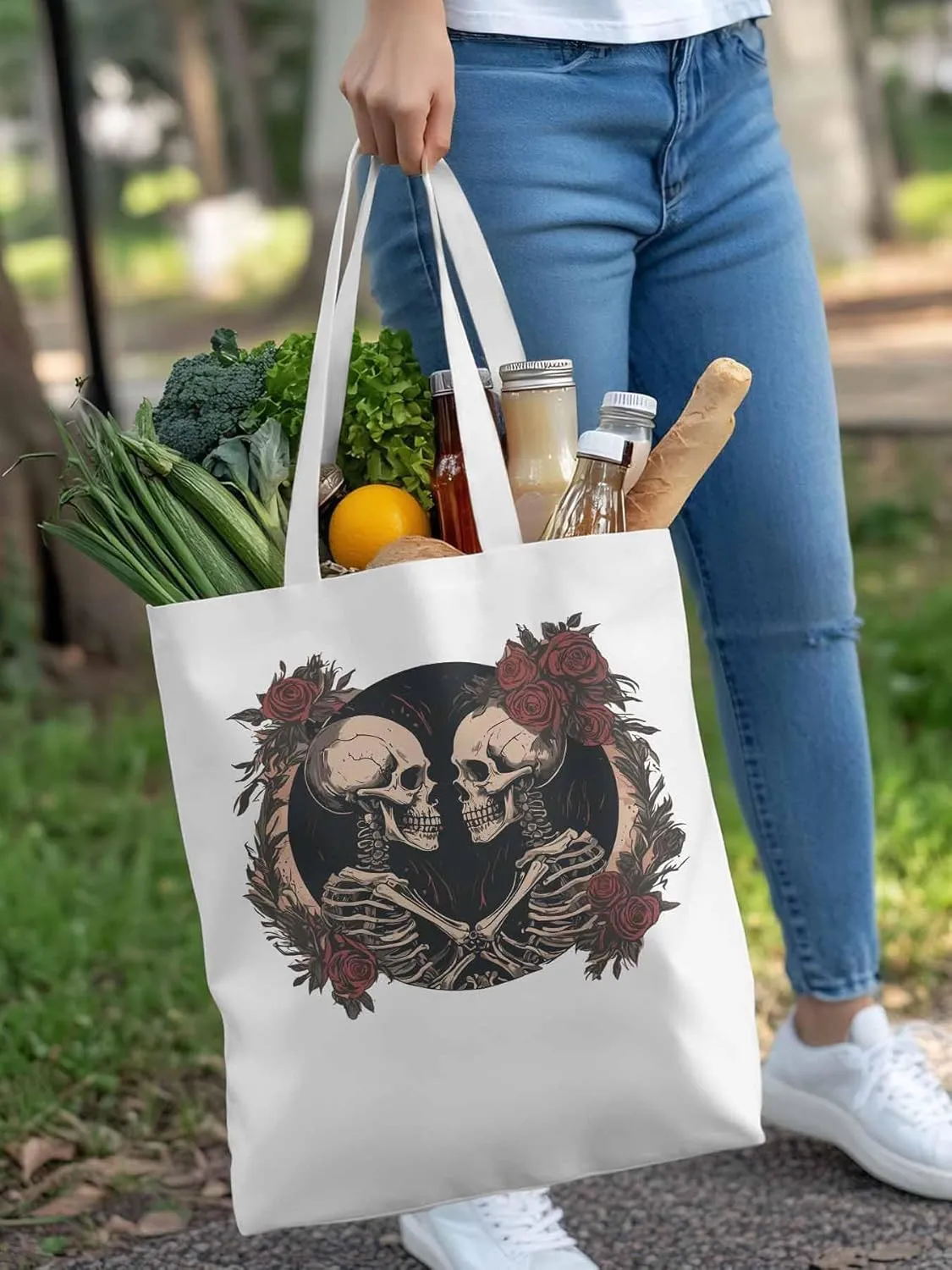 Skull Vintage Roses Canvas Tote Bag, Aesthetic Canvas Tote Handbags for Women Shoulder Bag