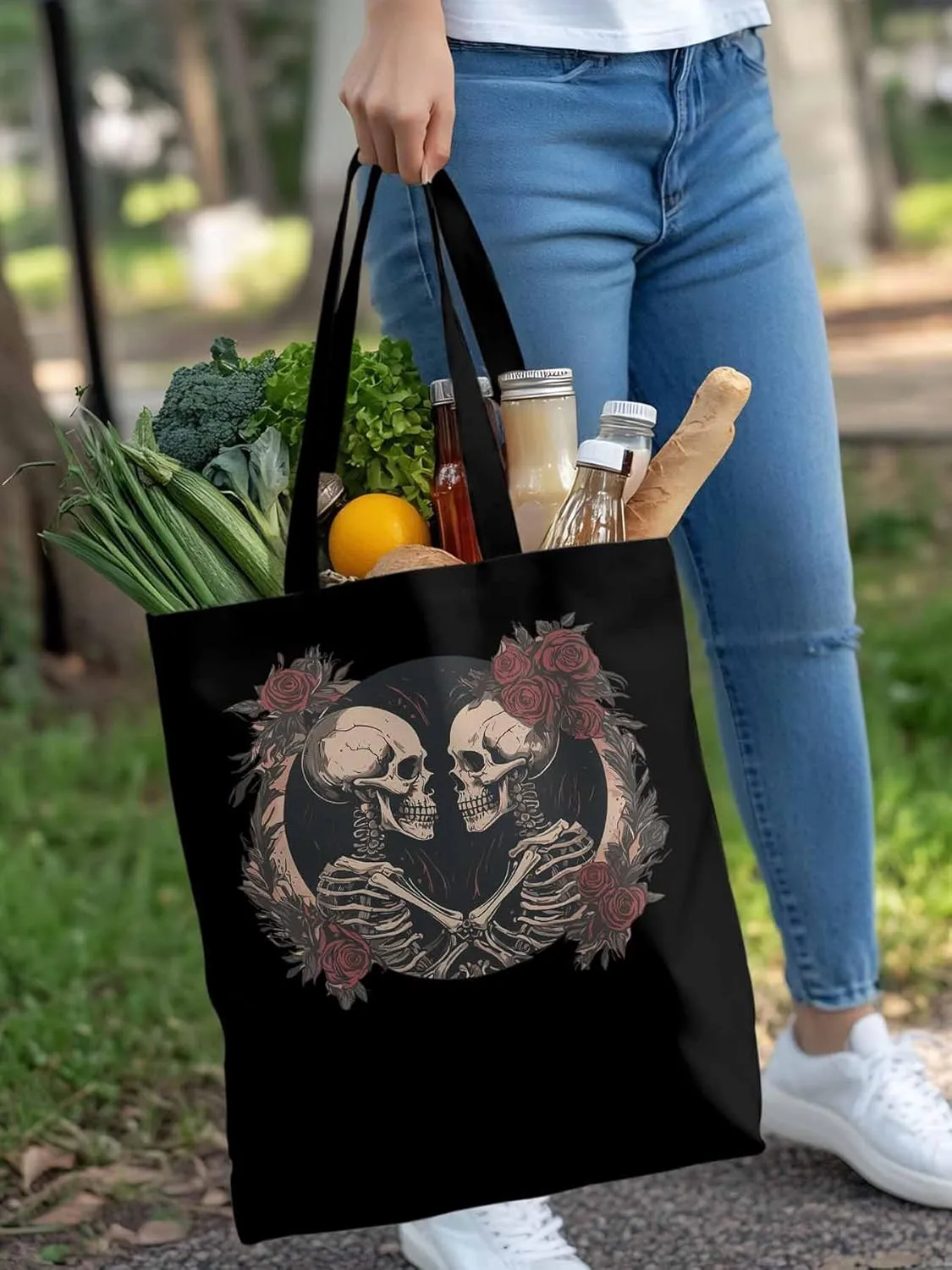 Skull Vintage Roses Canvas Tote Bag, Aesthetic Canvas Tote Handbags for Women Shoulder Bag