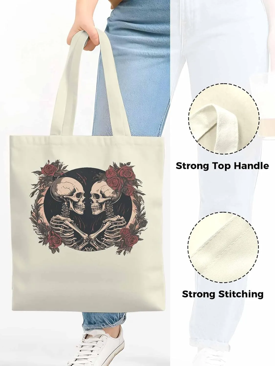 Skull Vintage Roses Canvas Tote Bag, Aesthetic Canvas Tote Handbags for Women Shoulder Bag