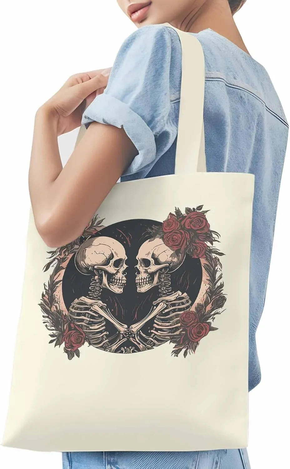 Skull Vintage Roses Canvas Tote Bag, Aesthetic Canvas Tote Handbags for Women Shoulder Bag