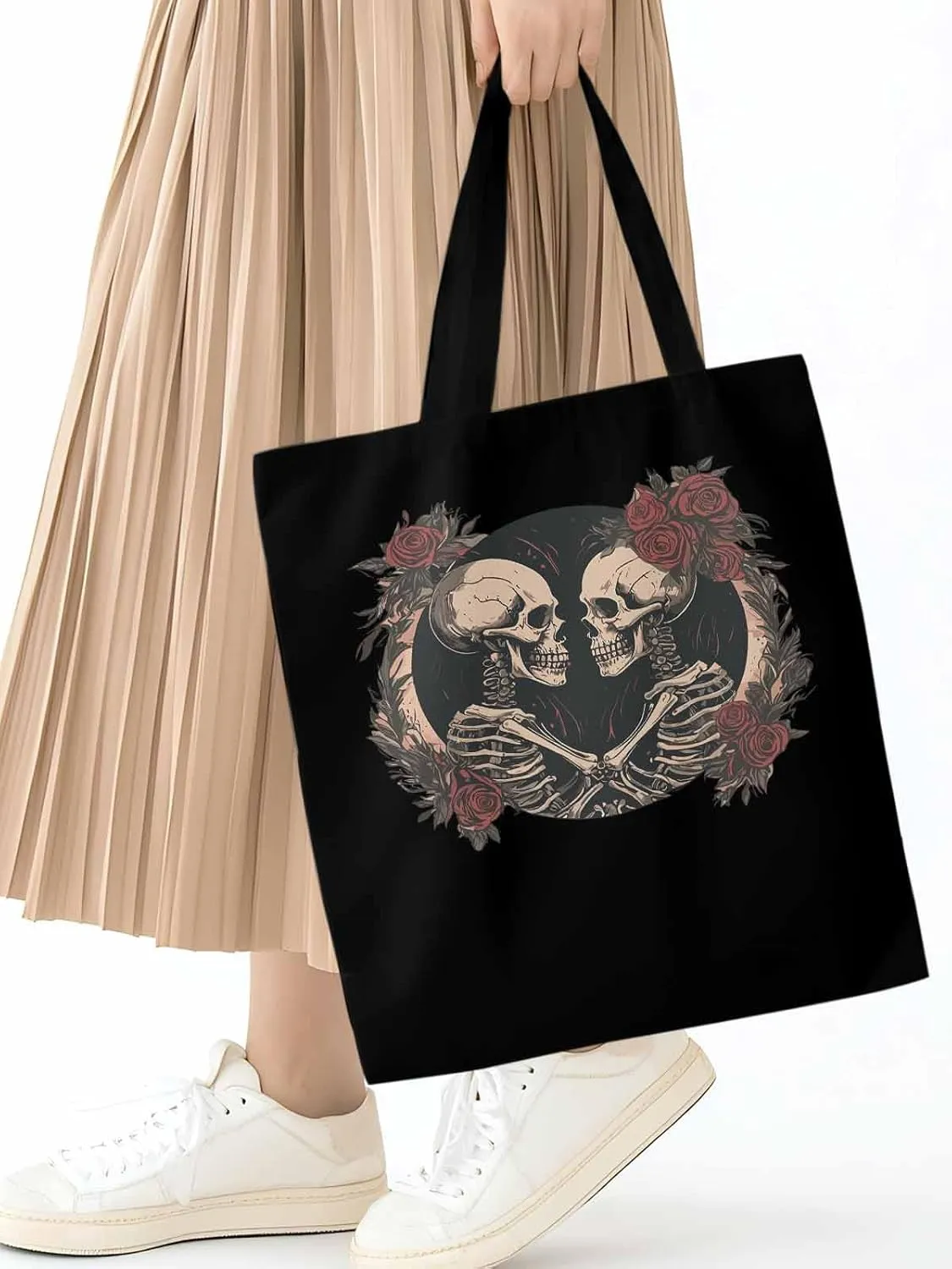 Skull Vintage Roses Canvas Tote Bag, Aesthetic Canvas Tote Handbags for Women Shoulder Bag