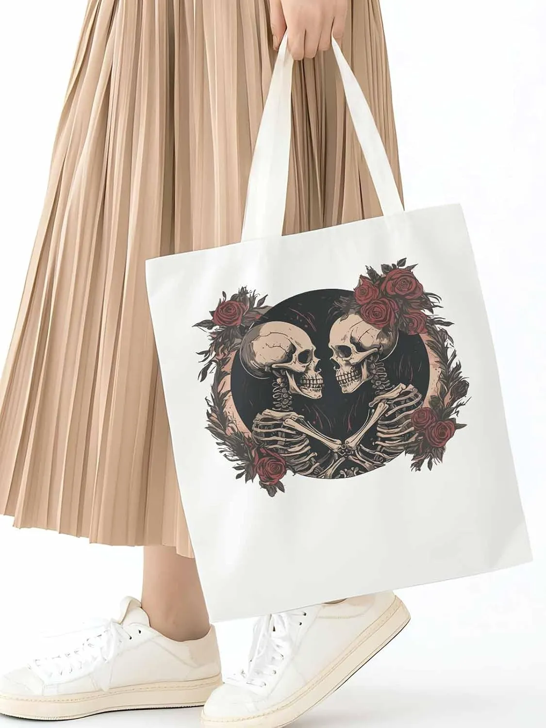Skull Vintage Roses Canvas Tote Bag, Aesthetic Canvas Tote Handbags for Women Shoulder Bag