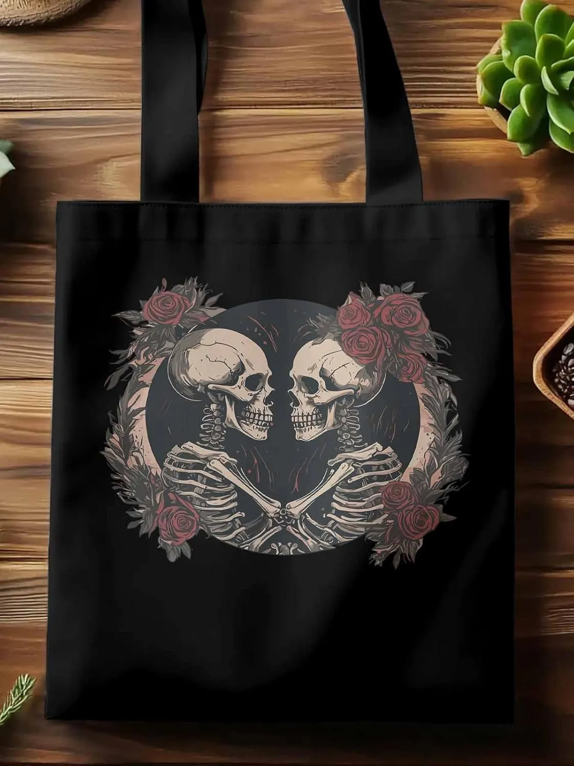 Skull Vintage Roses Canvas Tote Bag, Aesthetic Canvas Tote Handbags for Women Shoulder Bag