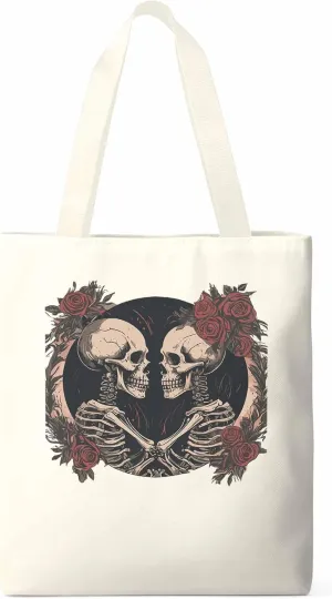 Skull Vintage Roses Canvas Tote Bag, Aesthetic Canvas Tote Handbags for Women Shoulder Bag