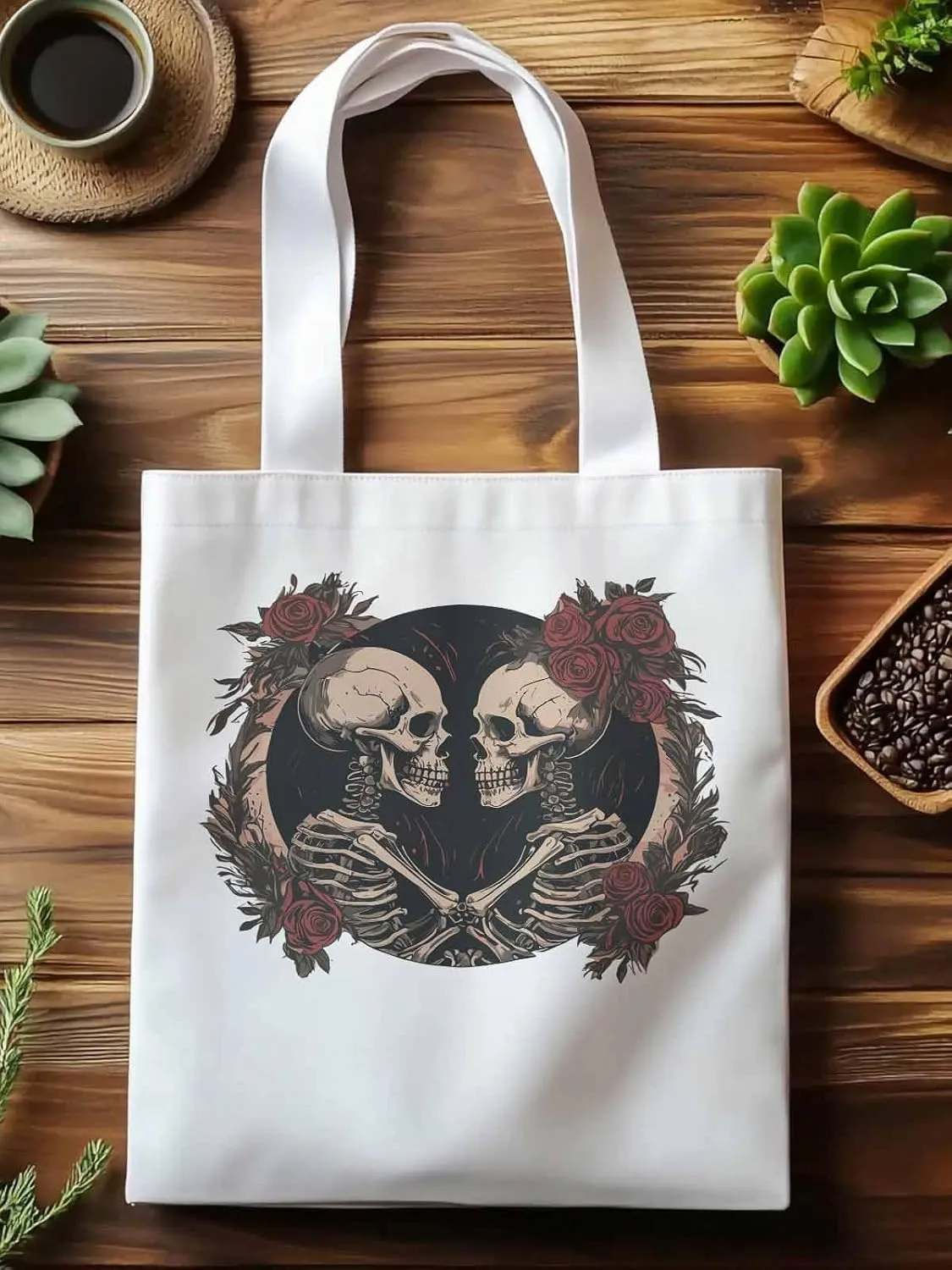 Skull Vintage Roses Canvas Tote Bag, Aesthetic Canvas Tote Handbags for Women Shoulder Bag