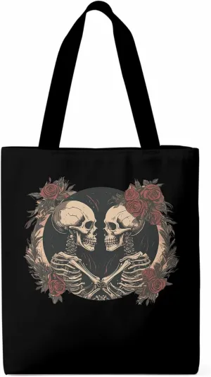 Skull Vintage Roses Canvas Tote Bag, Aesthetic Canvas Tote Handbags for Women Shoulder Bag