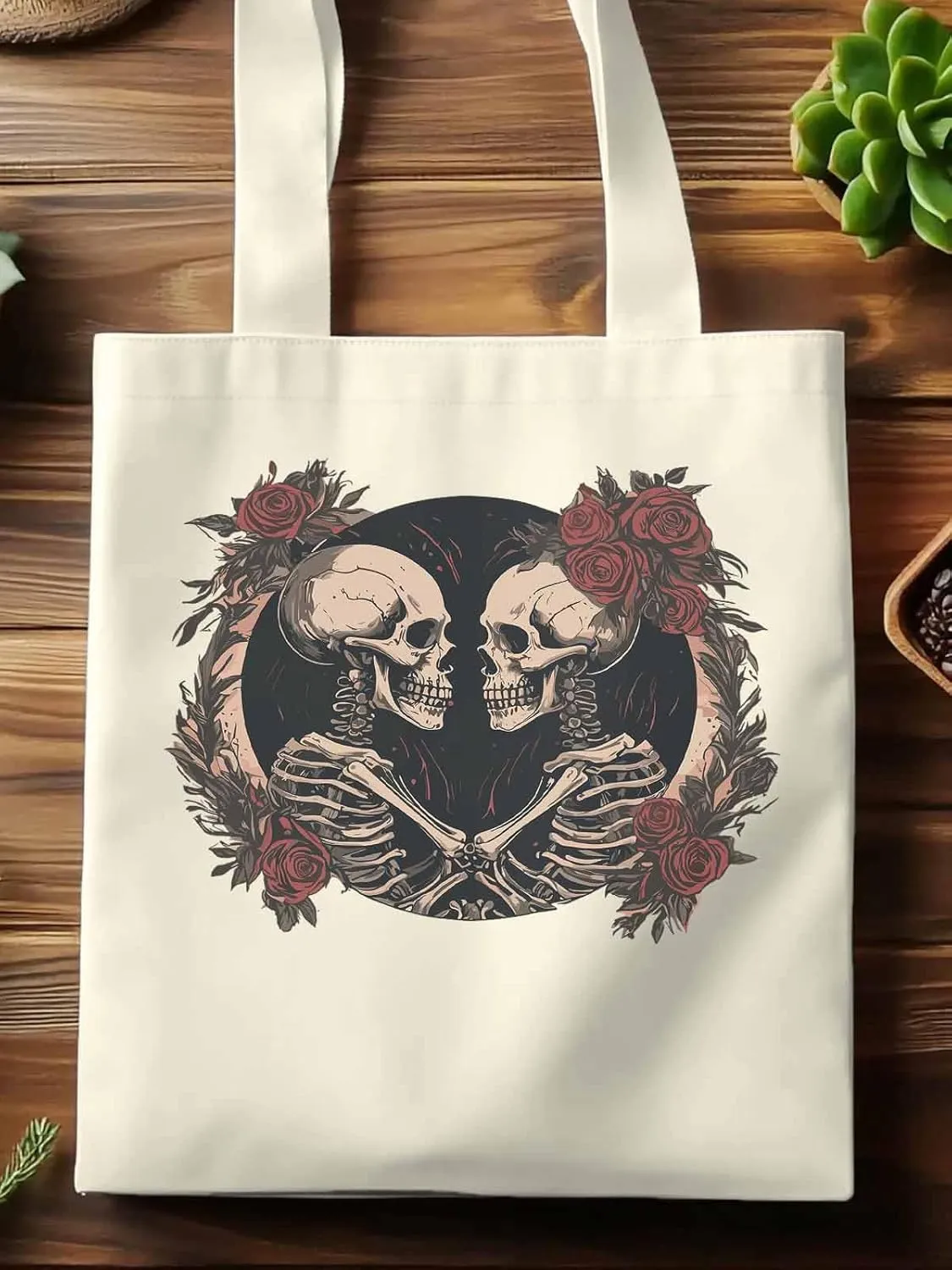 Skull Vintage Roses Canvas Tote Bag, Aesthetic Canvas Tote Handbags for Women Shoulder Bag