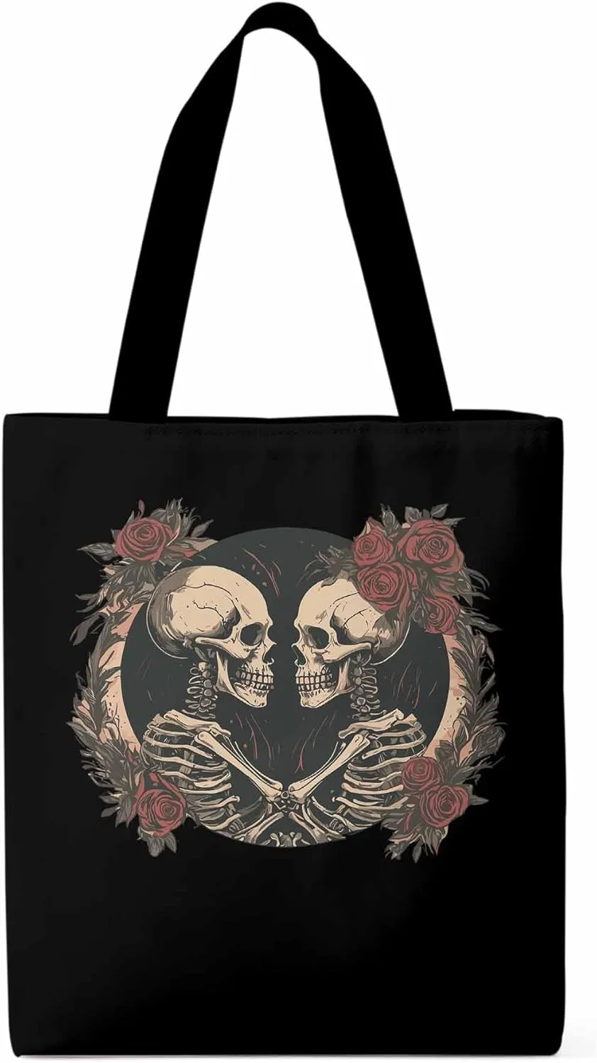 Skull Vintage Roses Canvas Tote Bag, Aesthetic Canvas Tote Handbags for Women Shoulder Bag