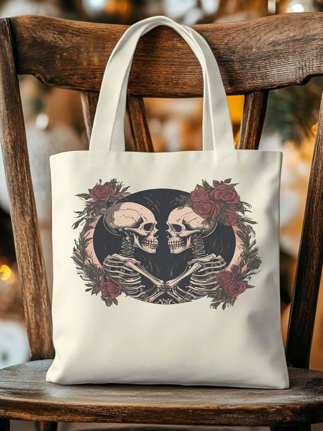 Skull Vintage Roses Canvas Tote Bag, Aesthetic Canvas Tote Handbags for Women Shoulder Bag