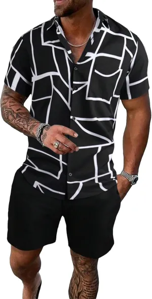 SOLY HUX Men's 2 Piece Outfits Tropical Print Short Sleeve Button Down Hawaiian Shirt and Shorts Set