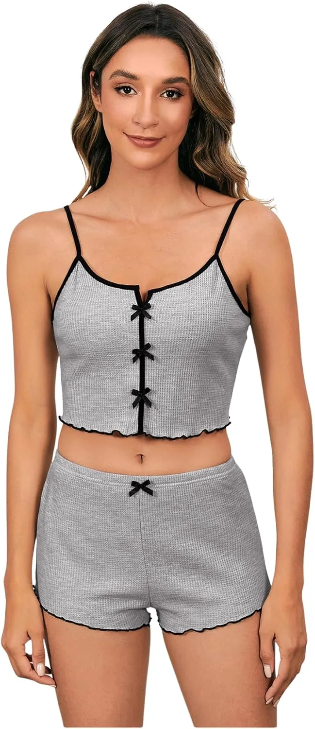 SOLY HUX Women's 3 Sets Pajamas Lounge Sets Cute Bow Front Crop Cami Tops and Shorts PJs Sleepwear