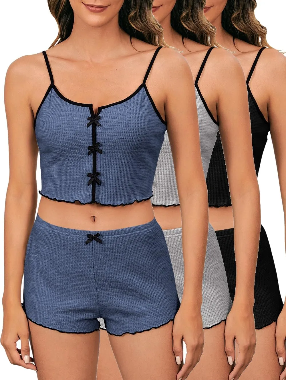 SOLY HUX Women's 3 Sets Pajamas Lounge Sets Cute Bow Front Crop Cami Tops and Shorts PJs Sleepwear