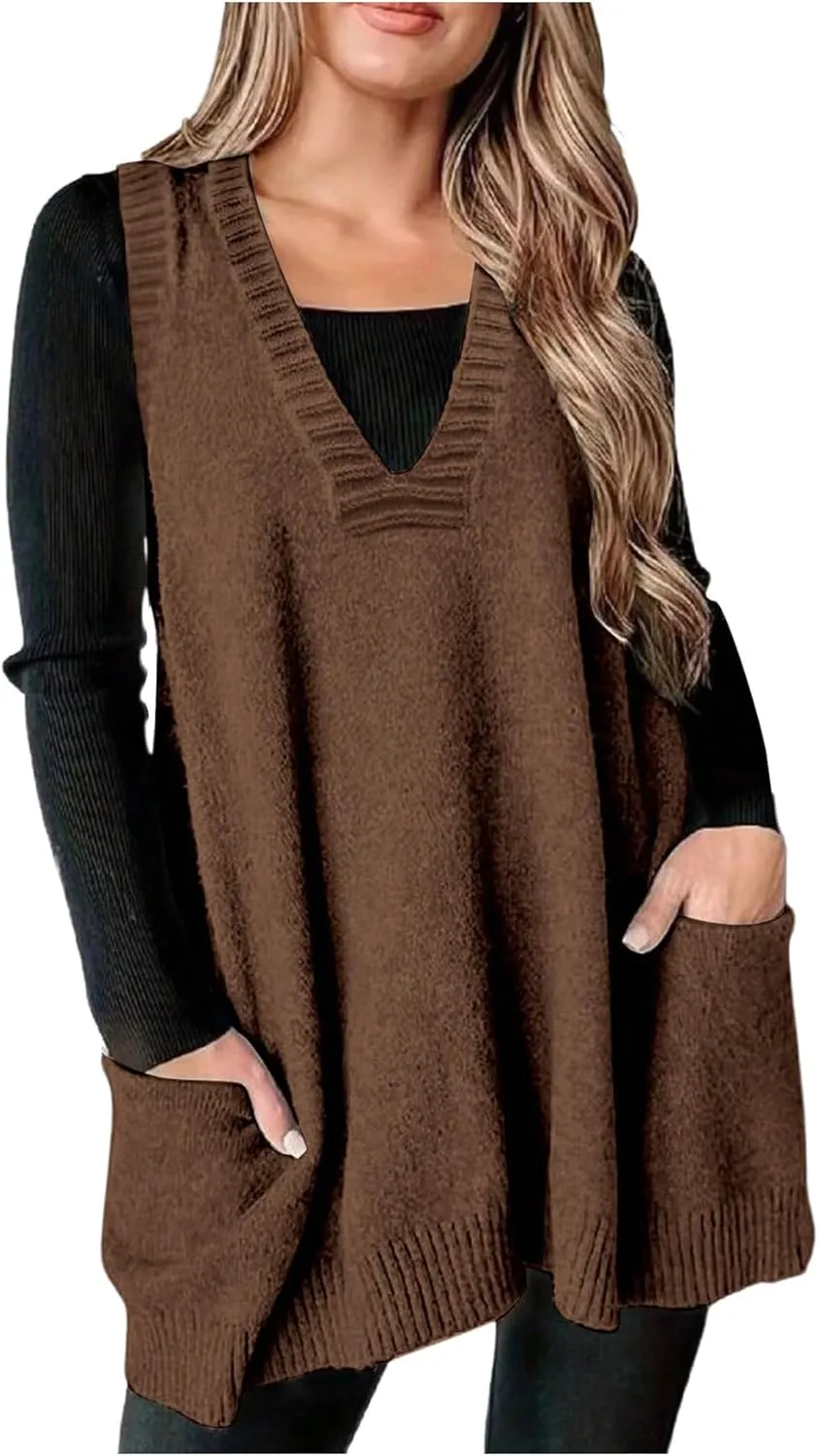 SOLY HUX Women's Plus Size Sweater Vest V Neck Sleeveless Loose Fit Knit Pullover Tank Tops with Pockets