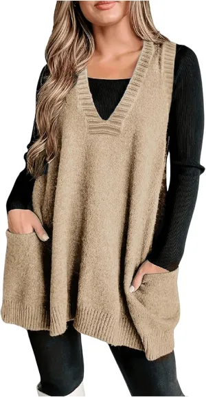 SOLY HUX Women's Plus Size Sweater Vest V Neck Sleeveless Loose Fit Knit Pullover Tank Tops with Pockets