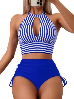 SOLY HUX Women's Tankini Set Striped Cut Out Tops and Drawstring Side Shorts Bikini Bathing Suits 2 Piece Swimsuit