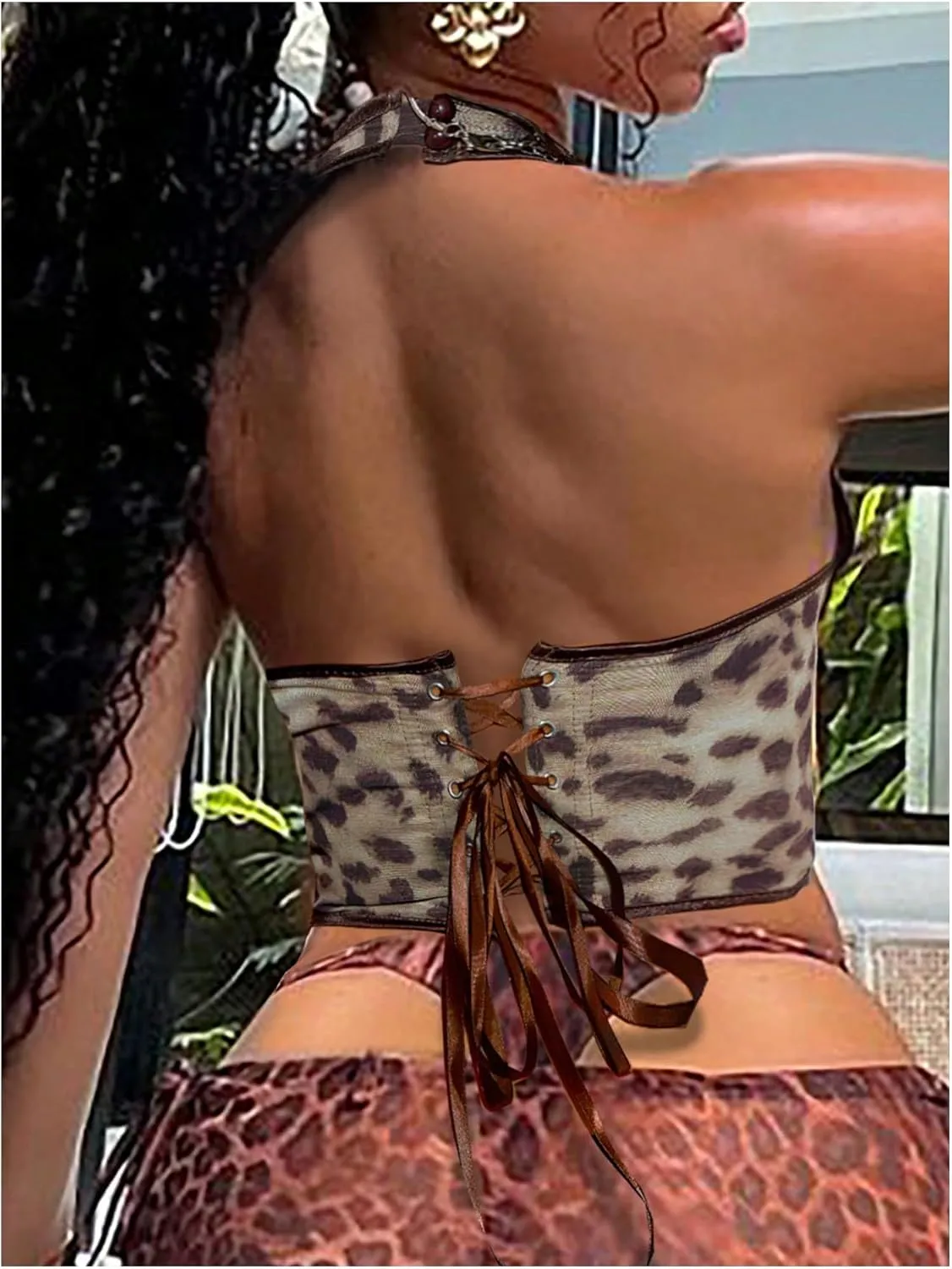 SOLY HUX Women's Y2k Leopard Print Halter Top Sleeveless Lace Up Backless Trendy Going Out Corset Crop Tops