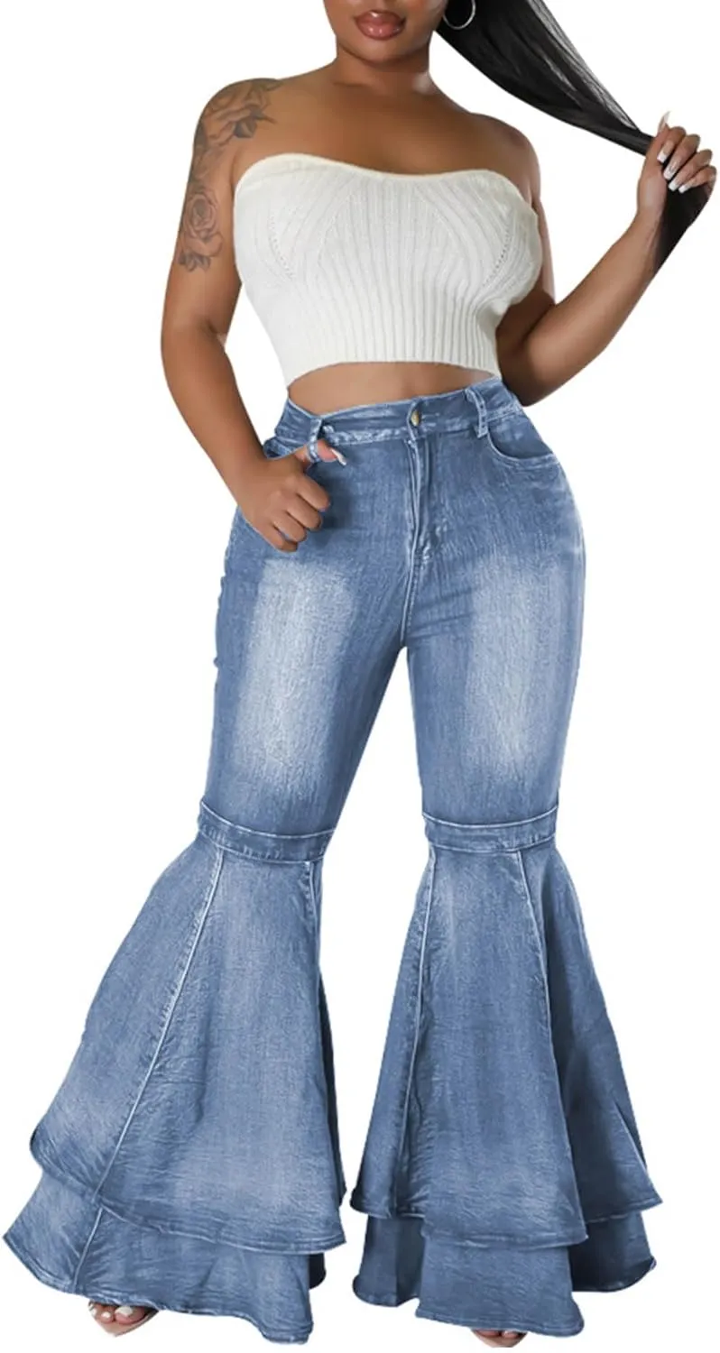 SOMTHRON Women's Bell Bottom Jeans High Waisted Pleated Layered Ruffle Hem Flared Wide Leg Vintage 70s Denim Pants