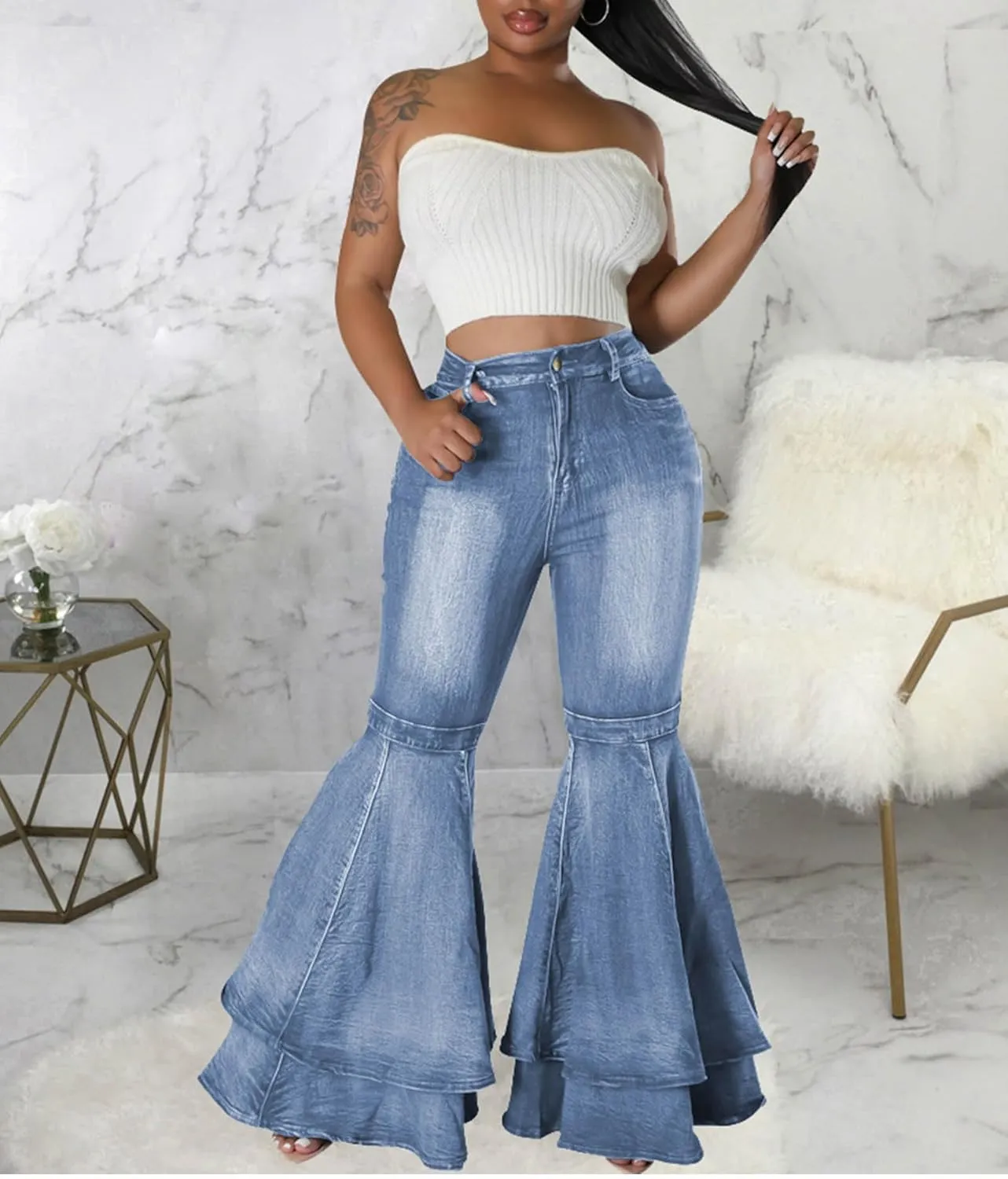 SOMTHRON Women's Bell Bottom Jeans High Waisted Pleated Layered Ruffle Hem Flared Wide Leg Vintage 70s Denim Pants