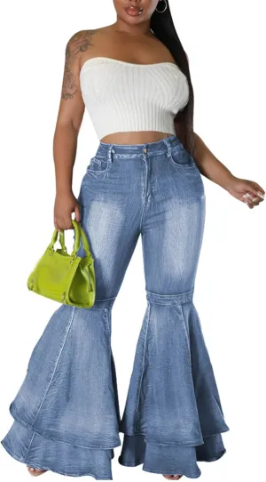 SOMTHRON Women's Bell Bottom Jeans High Waisted Pleated Layered Ruffle Hem Flared Wide Leg Vintage 70s Denim Pants