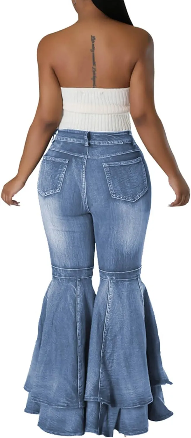 SOMTHRON Women's Bell Bottom Jeans High Waisted Pleated Layered Ruffle Hem Flared Wide Leg Vintage 70s Denim Pants