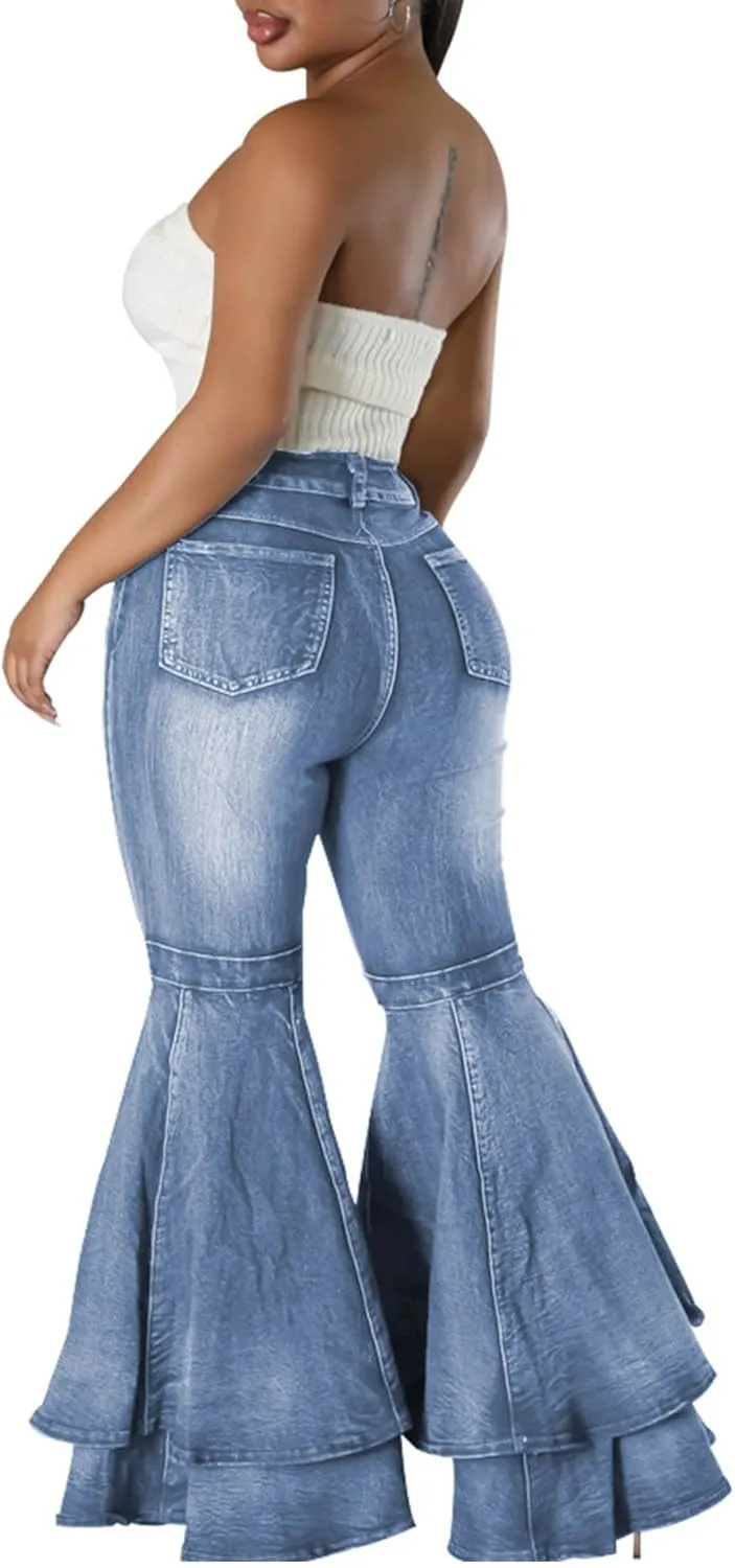 SOMTHRON Women's Bell Bottom Jeans High Waisted Pleated Layered Ruffle Hem Flared Wide Leg Vintage 70s Denim Pants